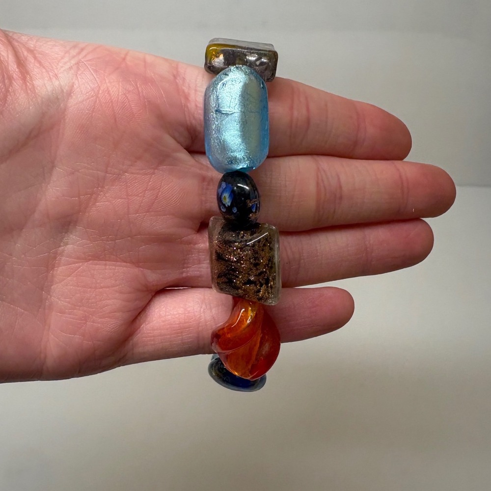 Artisan Lampwork Art Glass Stretch Bracelet Blue Copper Millefiori Eclectic
